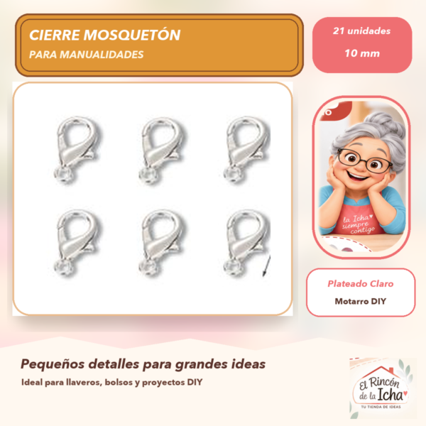 Set de 21 Cierres Mosquetón Metálicos Plateado Claro 10 mm Modelo 301