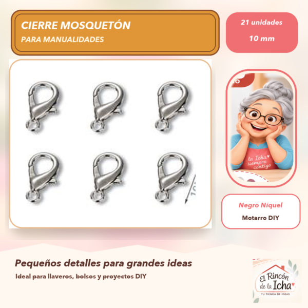 Set de 21 Cierres Mosquetón Metálicos Negro Níquel 10 mm Modelo 301