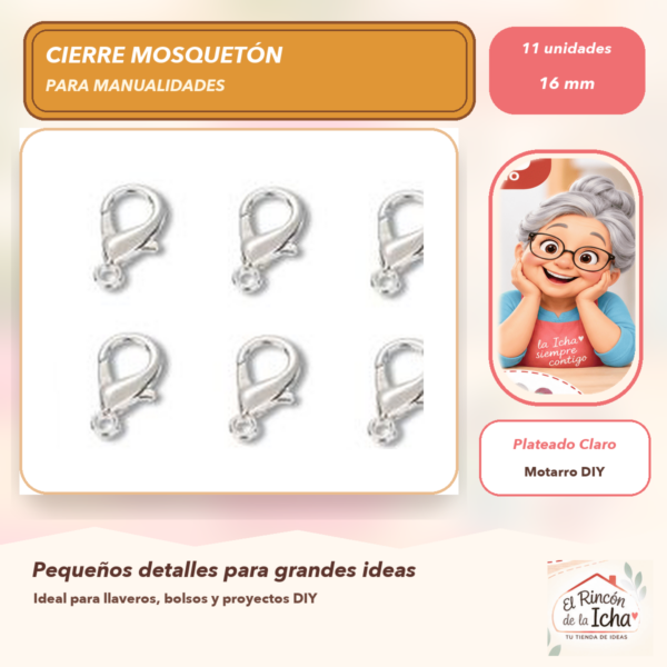 Set de 11 Cierres Mosquetón Metálicos Plateado Claro 16 mm Modelo 304