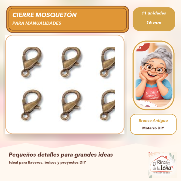 Set de 11 Cierres Mosquetón Metálicos Bronce Antiguo 16 mm Modelo 304