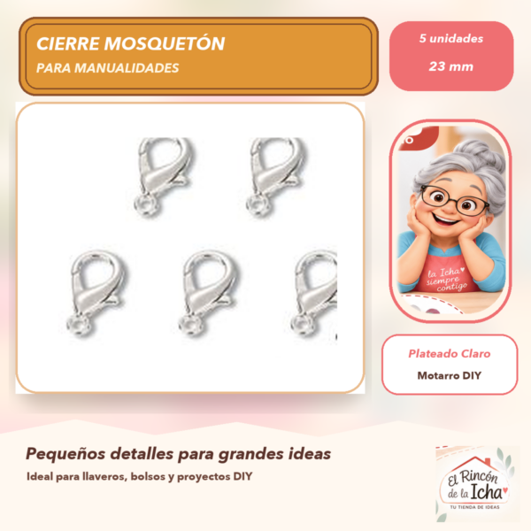 Set de 5 Cierres Mosquetón Metálicos Plateado Claro 23 mm Modelo 306