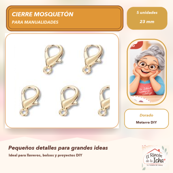 Set de 5 Cierres Mosquetón Metálicos Dorado 23 mm Modelo 306