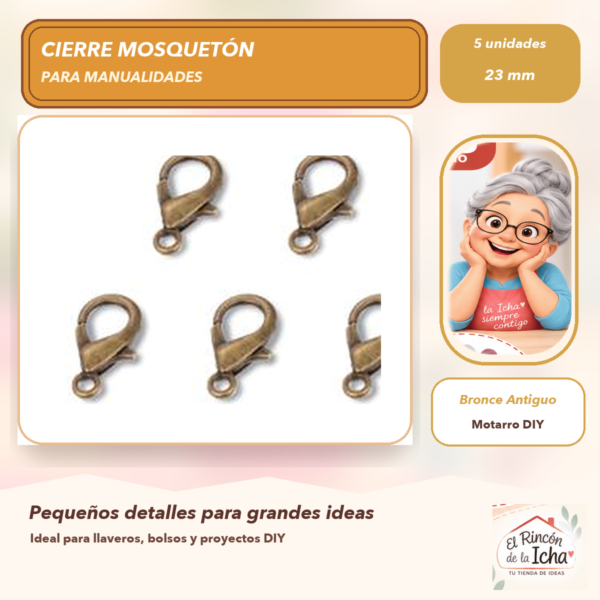 Set de 5 Cierres Mosquetón Metálicos Bronce Antiguo 23 mm Modelo 306