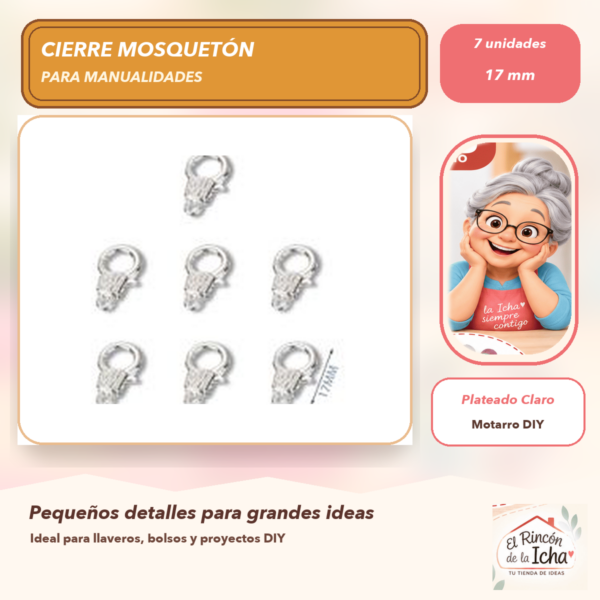 Set de 7 Cierres Mosquetón Metálicos Plateado Claro 17 mm