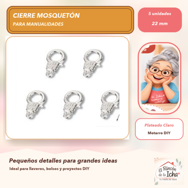 Set de 5 Cierres Mosquetón Metálicos Plateado Claro 22 mm