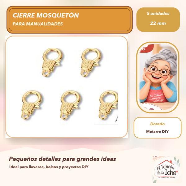 Set de 5 Cierres Mosquetón Metálicos Dorado 22 mm