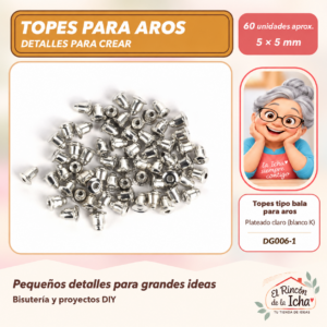 DG006-1 Topes tipo bala para aros – Plateado claro (blanco K) – 5 × 5 mm – 60 unidades aprox.