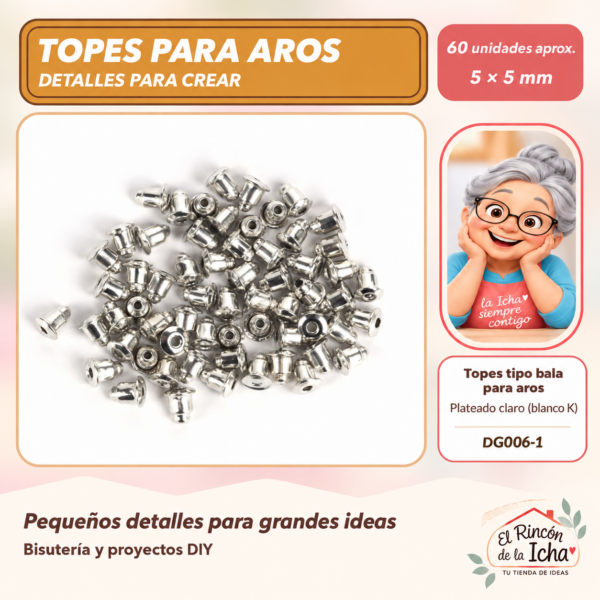 DG006-1 Topes tipo bala para aros – Plateado claro (blanco K) – 5 × 5 mm – 60 unidades aprox.