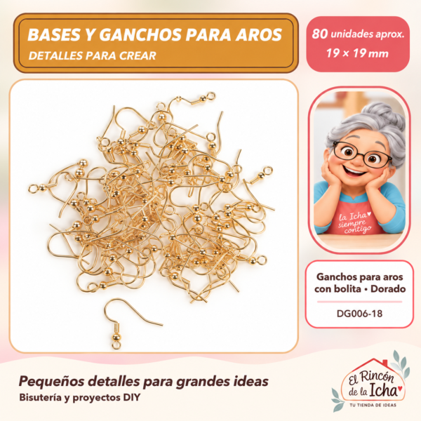 DG006-18 Ganchos para aros con bolita – Dorado – 19 × 19 mm – 80 unidades aprox.