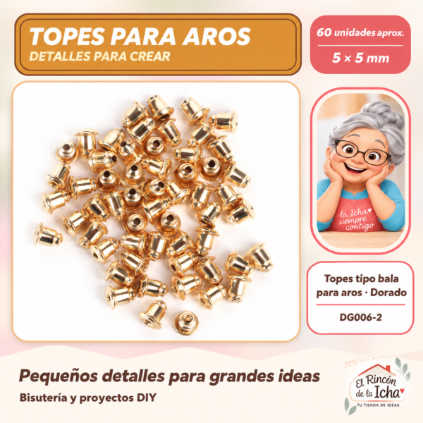 DG006-2 Topes tipo bala para aros – Dorado – 5 × 5 mm – 60 unidades aprox.