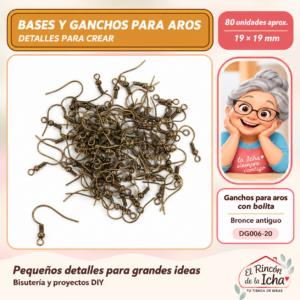 DG006-20 Ganchos para aros con bolita – Bronce antiguo – 19 × 19 mm – 80 unidades aprox.