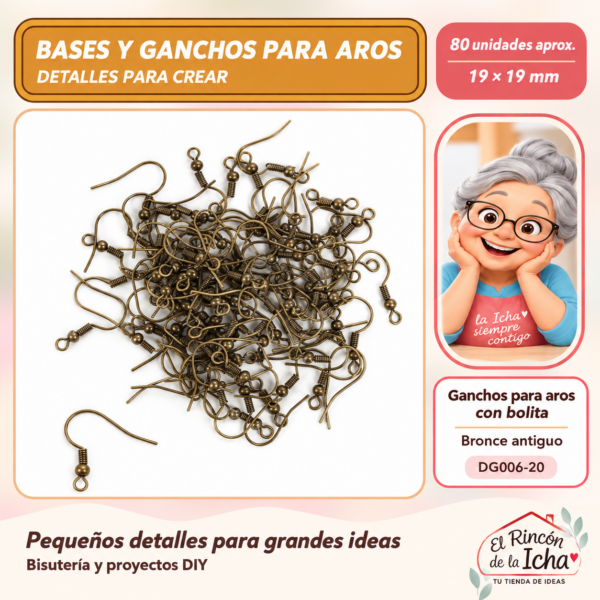 DG006-20 Ganchos para aros con bolita – Bronce antiguo – 19 × 19 mm – 80 unidades aprox.