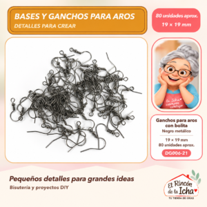 DG006-21 Ganchos para aros con bolita – Negro metálico – 19 × 19 mm – 80 unidades aprox.
