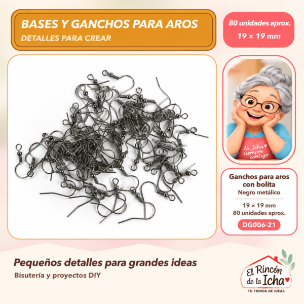 DG006-21 Ganchos para aros con bolita – Negro metálico – 19 × 19 mm – 80 unidades aprox.