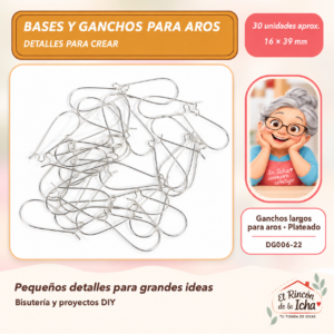 DG006-22 Ganchos largos para aros – Plateado – 16 × 39 mm – 30 unidades aprox.