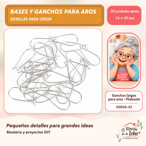 DG006-22 Ganchos largos para aros – Plateado – 16 × 39 mm – 30 unidades aprox.