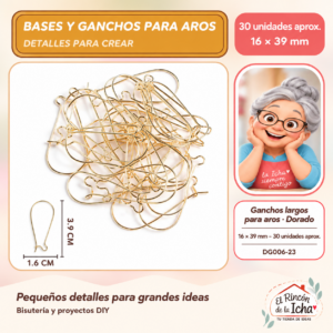 DG006-23 Ganchos largos para aros – Dorado – 16 × 39 mm – 30 unidades aprox.