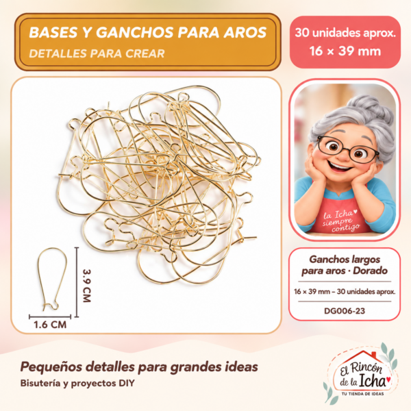DG006-23 Ganchos largos para aros – Dorado – 16 × 39 mm – 30 unidades aprox.