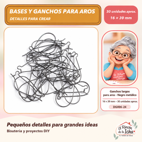 DG006-24 Ganchos largos para aros – Negro metálico – 16 × 39 mm – 30 unidades aprox.