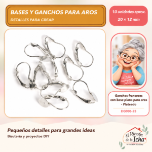 DG006-25 Ganchos franceses con base plana para aros – Plateado – 20 × 12 mm – 10 unidades aprox.