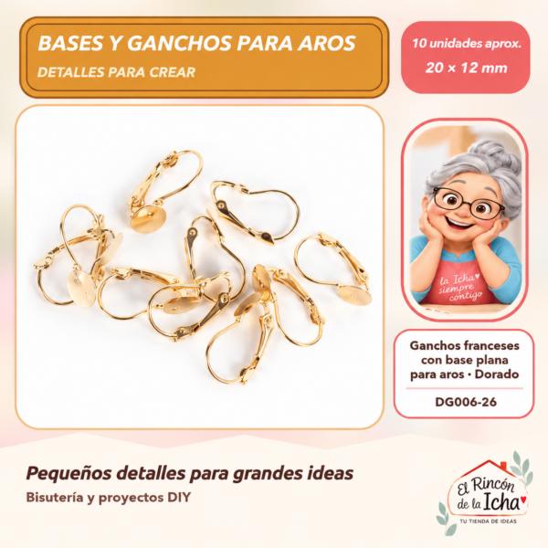 DG006-26 Ganchos franceses con base plana para aros – Dorado – 20 × 12 mm – 10 unidades aprox.