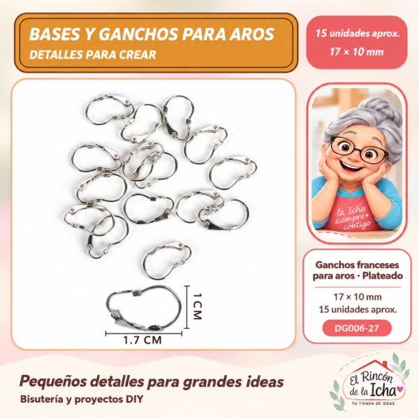 DG006-27 Ganchos franceses para aros – Plateado – 17 × 10 mm – 15 unidades aprox.