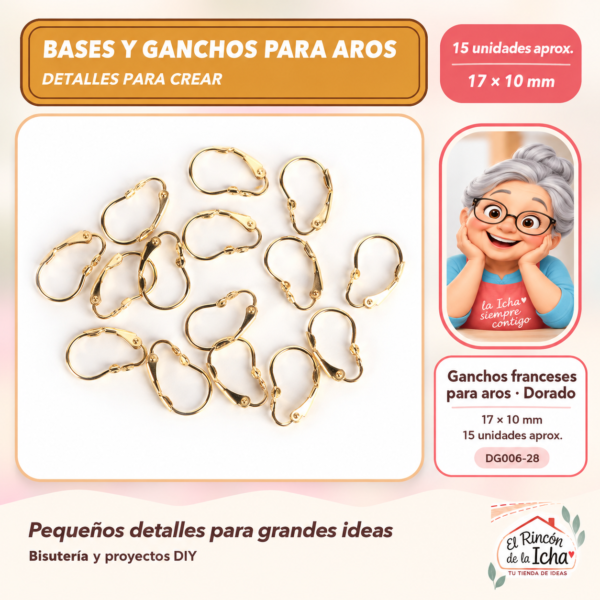 DG006-28 Ganchos franceses para aros – Dorado – 17 × 10 mm – 15 unidades aprox.