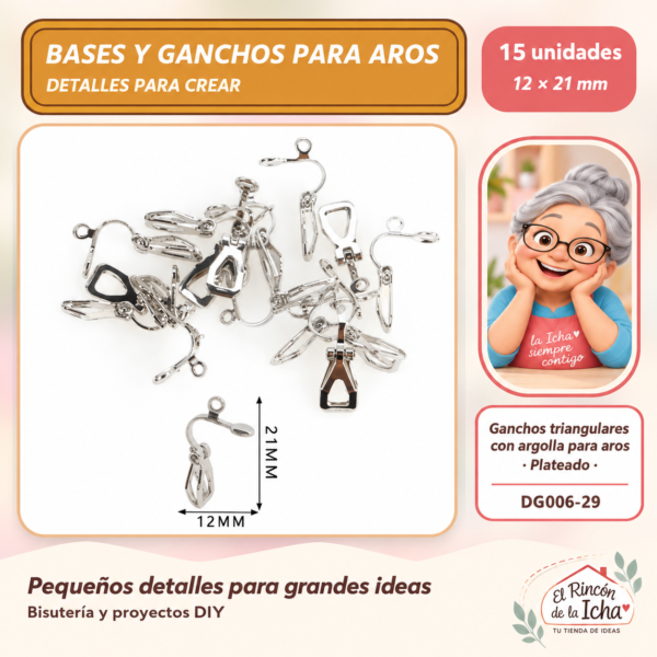 DG006-29 Ganchos triangulares con argolla para aros – Plateado – 12 × 21 mm – 15 unidades