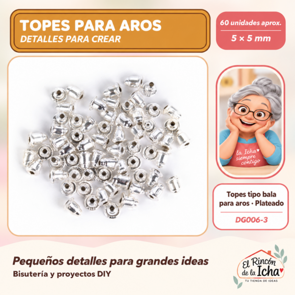DG006-3 Topes tipo bala para aros – Plateado – 5 × 5 mm – 60 unidades aprox.