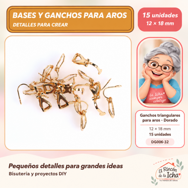 DG006-32 Ganchos triangulares para aros – Dorado – 12 × 18 mm – 15 unidades