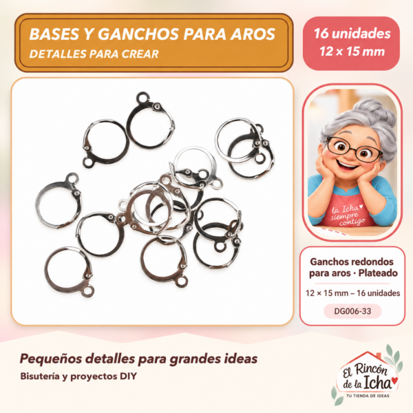 DG006-33 Ganchos redondos para aros – Plateado – 12 × 15 mm – 16 unidades