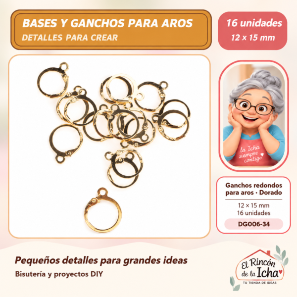 DG006-34 Ganchos redondos para aros – Dorado – 12 × 15 mm – 16 unidades