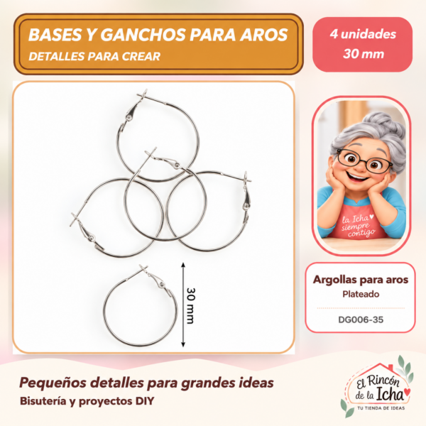 Argollas para aros – Plateado – 30 mm – 4 unidades