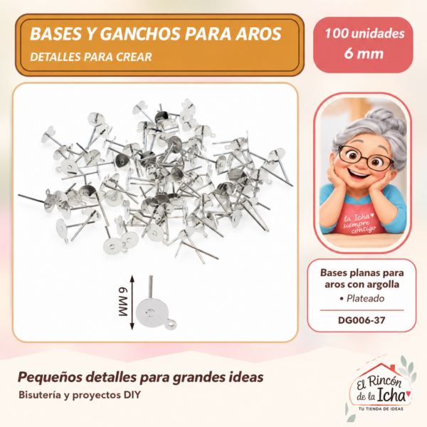 DG006-37 Bases planas para aros con argolla – Plateado – 6 mm – 100 unidades