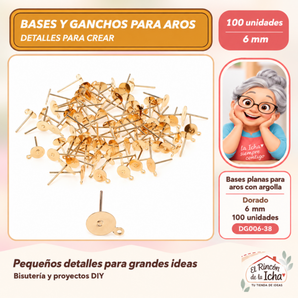 DG006-38 Bases planas para aros con argolla – Dorado – 6 mm – 100 unidades
