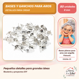 DG006-39 Bases planas para aros con argolla – Plateado – 8 mm – 80 unidades