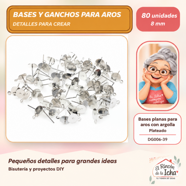 DG006-39 Bases planas para aros con argolla – Plateado – 8 mm – 80 unidades