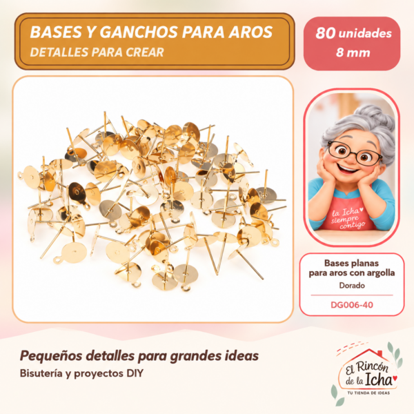 DG006-40 Bases planas para aros con argolla – Dorado – 8 mm – 80 unidades