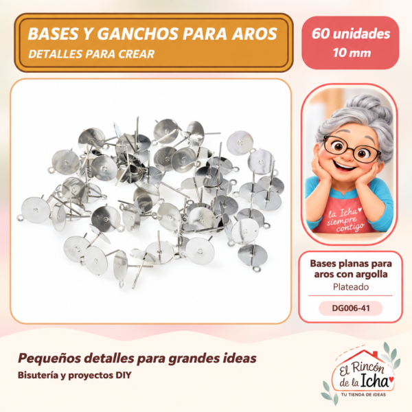 DG006-41 Bases planas para aros con argolla – Plateado – 10 mm – 60 unidades