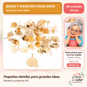 DG006-42 Bases planas para aros con argolla – Dorado – 10 mm – 60 unidades