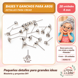 DG006-43 Bases para aros con strass y argolla – Plateado – 4 mm – 20 unidades