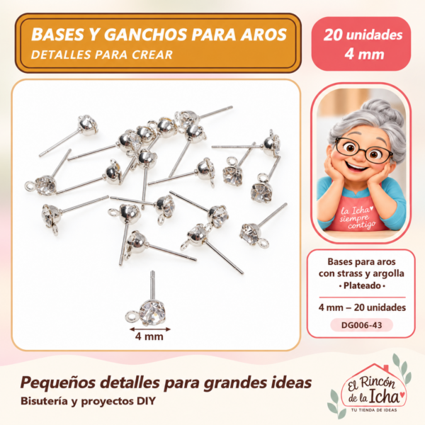 DG006-43 Bases para aros con strass y argolla – Plateado – 4 mm – 20 unidades