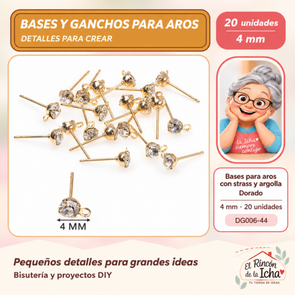 DG006-44 Bases para aros con strass y argolla – Dorado – 4 mm – 20 unidades