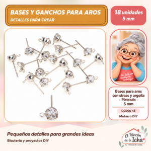DG006-45 Bases para aros con strass y argolla – Plateado – 5 mm – 18 unidades