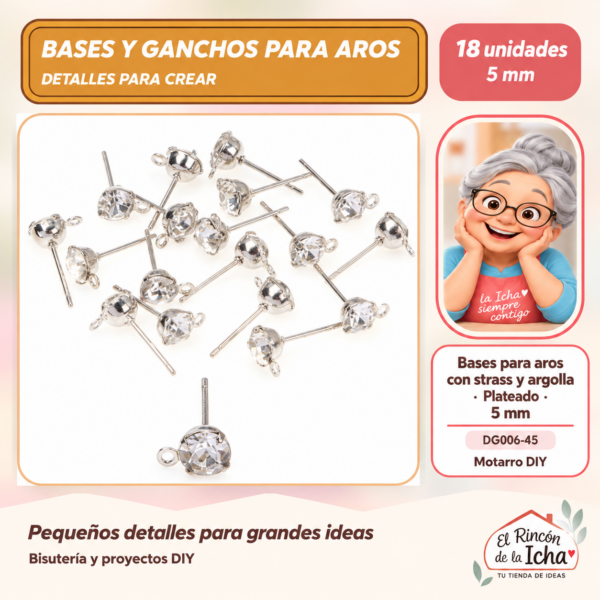DG006-45 Bases para aros con strass y argolla – Plateado – 5 mm – 18 unidades