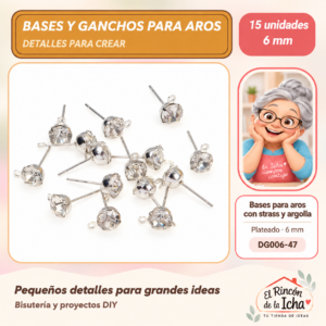 DG006-47 Bases para aros con strass y argolla – Plateado – 6 mm – 15 unidades