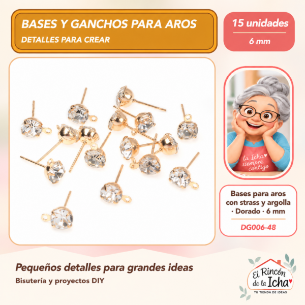 DG006-48 Bases para aros con strass y argolla – Dorado – 6 mm – 15 unidades