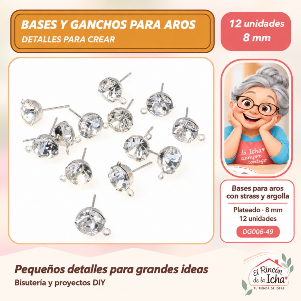 DG006-49 Bases para aros con strass y argolla – Plateado – 8 mm – 12 unidades