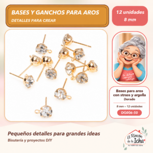 DG006-50 Bases para aros con strass y argolla – Dorado – 8 mm – 12 unidades