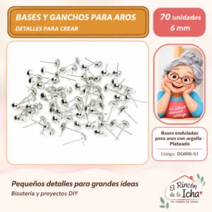 DG006-51 Bases onduladas para aros con argolla – Plateado – 6 mm – 70 unidades